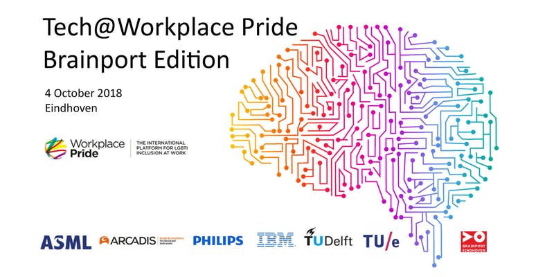 tech at workplace pride invite, showing a rainbow coloured brain and logos from the participating organisations